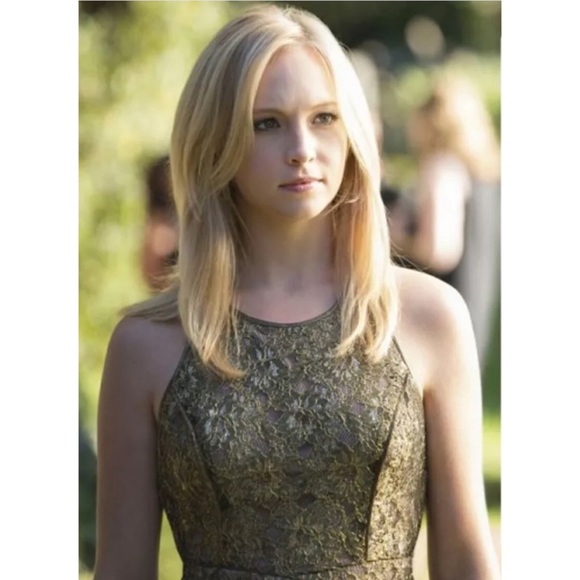 BCBG max azria Tenya gold lace sheer back mini slit dress - Picture 5 of 5